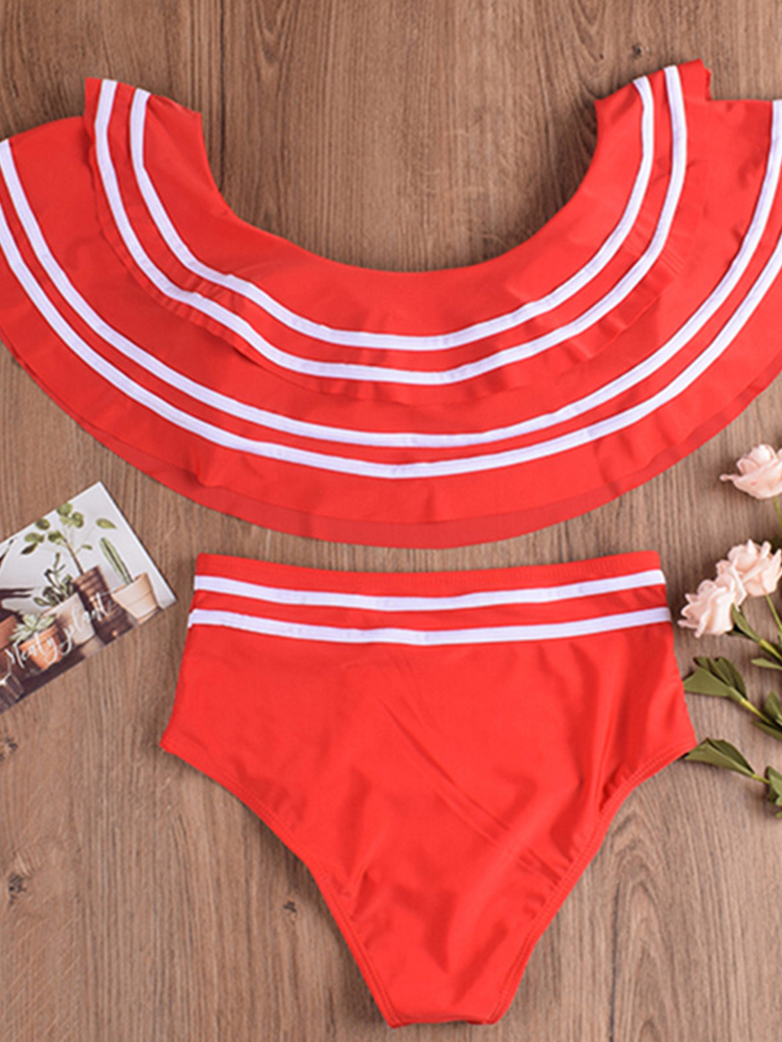 Red Off Shoulder Ruffle Trim Bikini Set Choies