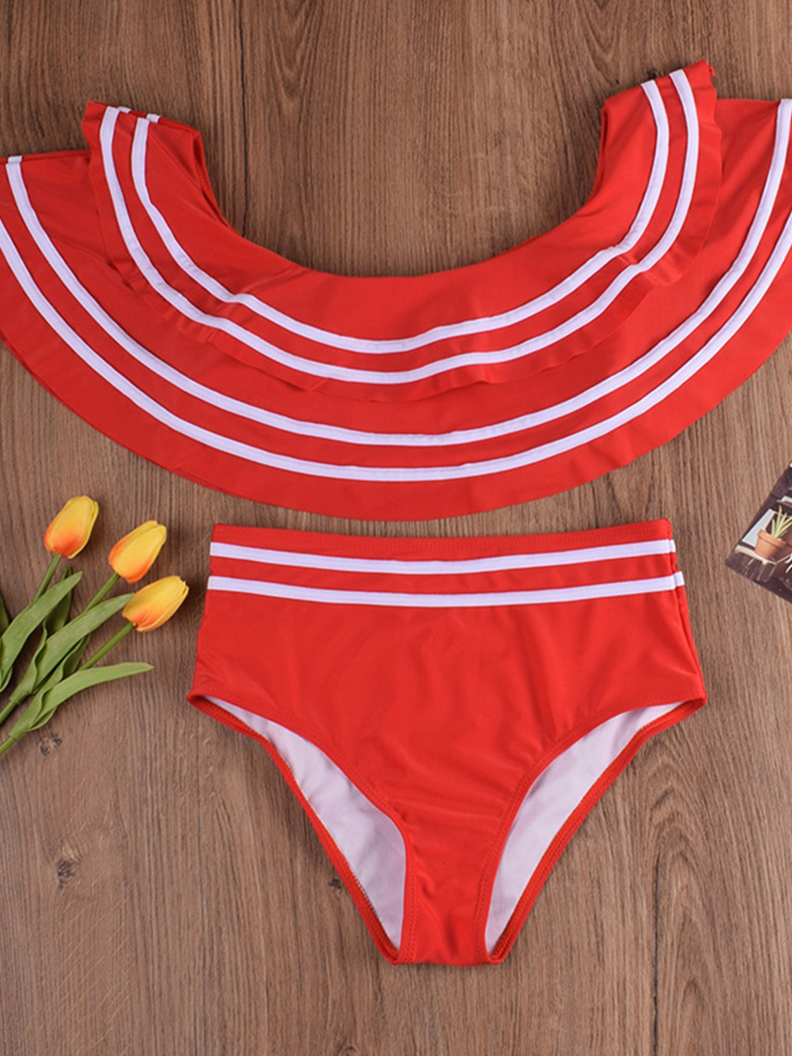 Red Off Shoulder Ruffle Trim Bikini Set Choies