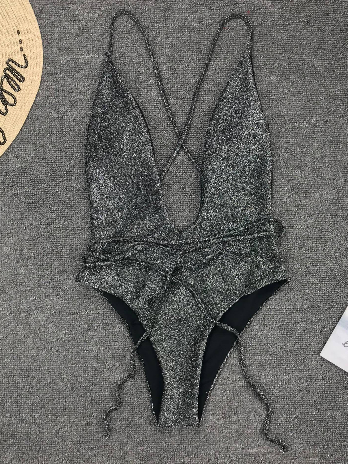 Black Plunge Open Back Swimsuit Choies