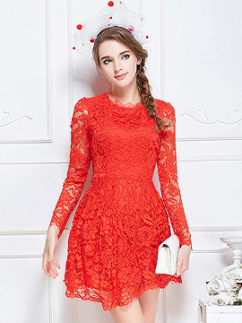 Red Sheer Lace Long Sleeve Skater Mini Dress | Choies