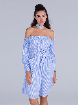 Blue Stripe Off Shoulder Choker Neck Tie Waist Midi Dress | Choies