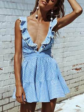 Blue Plunge Ruffle Strappy Back Skater Dress | Choies