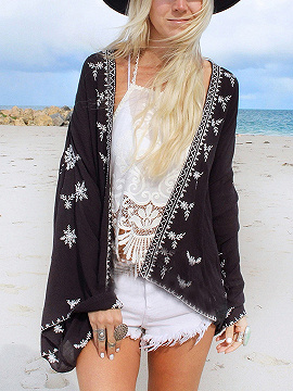 Black Floral Open Front Flared Sleeve Beach Kimono Top