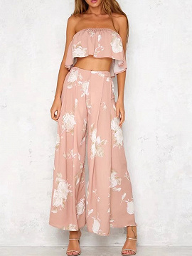 Pink Floral Off Shoulder Crop Top And High Waist Wide Leg Palazzo