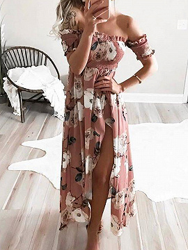 Pink Off Shoulder Shirred Floral Print Wrap Maxi Dress | Choies