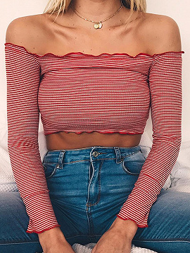 off the shoulder red and white striped shirt