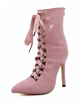Pink Faux Suede Pointed Lace Up Heeled Boots | Choies