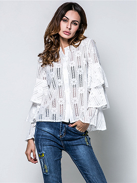 White Ruffle Detail Flare Sleeve Lace Shirt | Choies
