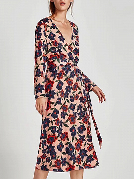 Polychrome Plunge Tie Waist Floral Print Long Sleeve Midi Dress | Choies