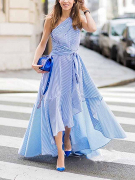 blue and white striped one shoulder dress