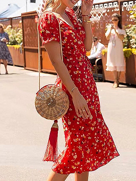 Red V-neck Floral Print Puff Sleeve 