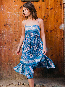 Blue Spaghetti Strap Floral Print Ruffle Hem Midi Dress | Choies