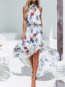 White High Neck Floral Print Thigh Split Front Hi-Lo Maxi Dress | Choies