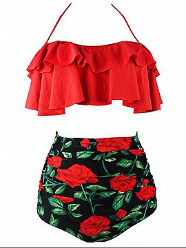 Red Halter Ruffle Trim Bikini Top And High Waist Bottom | Choies