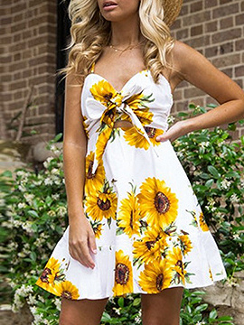 White V-neck Sunflower Print Tie Front 