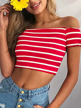 Rote Streifen Baumwolle Schulterfrei Chic Frauen Crop Top Choies