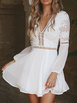 White Chiffon Plunge Open Back Long Sleeve Chic Women Mini Dress | Choies