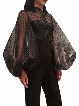 Black Lapel Polka Dot Print Puff Sleeve Chic Women Sheer Shirt | Choies