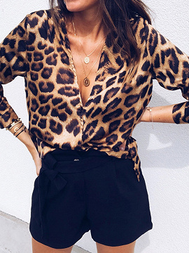 Brown Plunge Leopard Print Long Sleeve Blouse | Choies