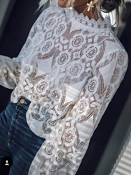 Blusa de encaje blanca con cuello alto y puff para mujer | Choies