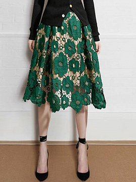 Green High Waist Lace Midi Skirt