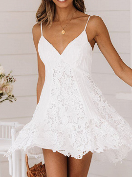 White V-neck Lace Panel Cami Mini Dress ...