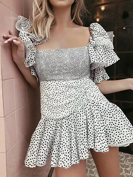 off the shoulder white polka dot dress