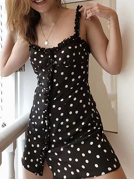 Black Chiffon Polka Dot Print Frill Trim Cami Mini Dress | Choies