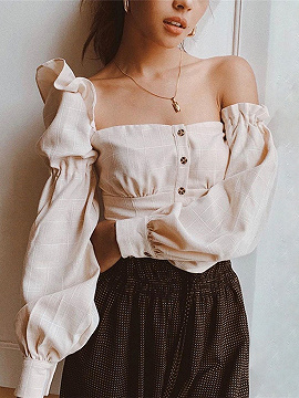 White Plaid Off Shoulder Puff Sleeve Blouse