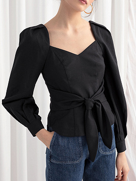 Black V-neck Tie Front Puff Sleeve Blouse