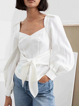 White V-neck Tie Front Puff Sleeve Blouse