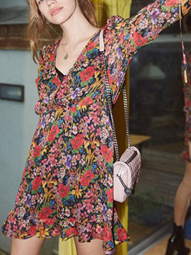 Polychrome V-neck Floral Print Drawstring Detail Mini Dress