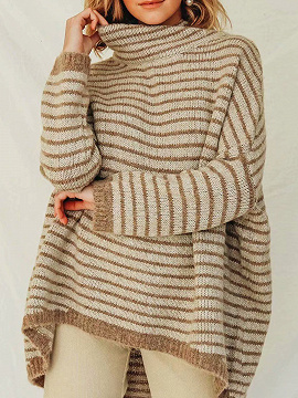 Brown Stripe High Neck Long Sleeve Mohair Knit Sweater