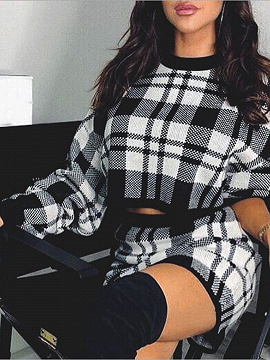 Black Plaid Long Sleeve Crop Top And High Waist Mini Skirt
