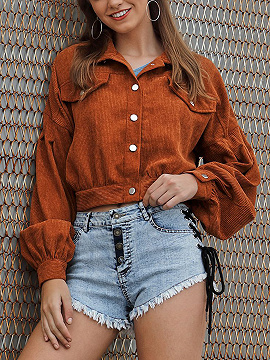 Brown Button Placket Front Long Sleeve Crop Jacket