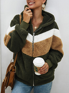 Army Green Contrast Long Sleeve Fluffy Hoodie Coat
