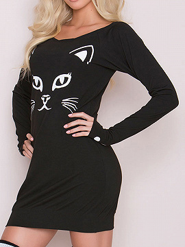 Black Cat Print Long Sleeve Mini Dress