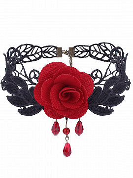 Red Floral Embellished Lace Necklace