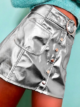 Silver High Waist Button Placket Front PU Mini Skirt