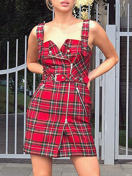 Red Plaid Buckle Strap Mini Dress | Choies