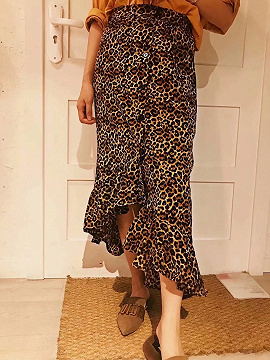 Brown High Waist Leopard Print Ruffle Trim Midi Hi-Lo Skirt