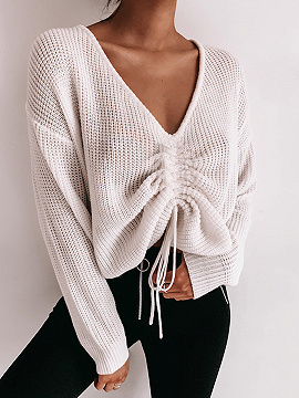 White V-neck Drawstring Front Long Sleeve Crop Sweater