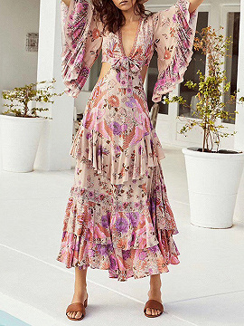 Pink Plunge Floral Print Flare Sleeve Maxi Dress