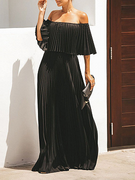 Black Off Shoulder Pleated Detail Maxi Dress