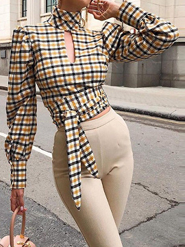 Yellow Plaid Open Back Puff Sleeve Blouse