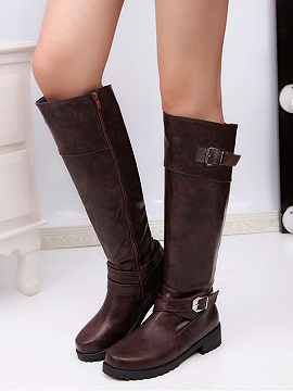 Dark Brown Leather Buckle Strap Knee High Boots