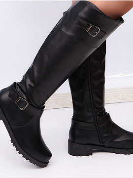 Black Leather Buckle Strap Knee High Boots