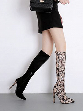 Black Leather Snakeskin Print Pointed Heeled Over the Knee Boots