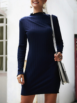 Dark Blue Ribbed Long Sleeve Mini Dress