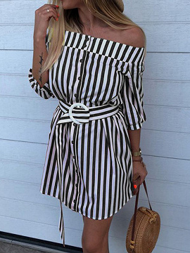 Black Stripe Off Shoulder Buckle Strap Waist Mini Dress
